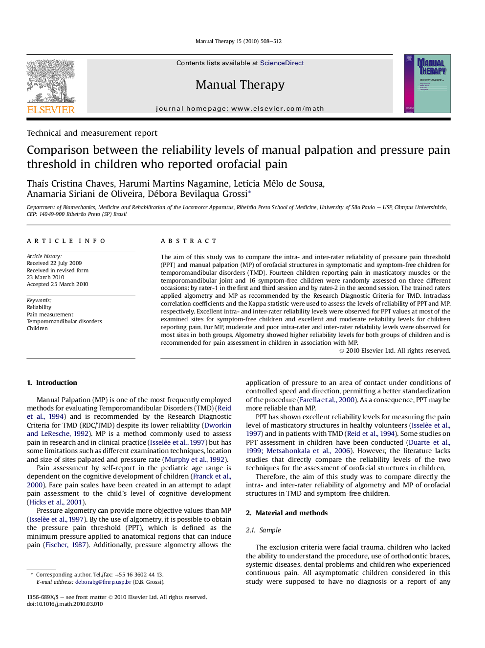 Comparison between the reliability levels of manual palpation and pressure pain threshold in children who reported orofacial pain