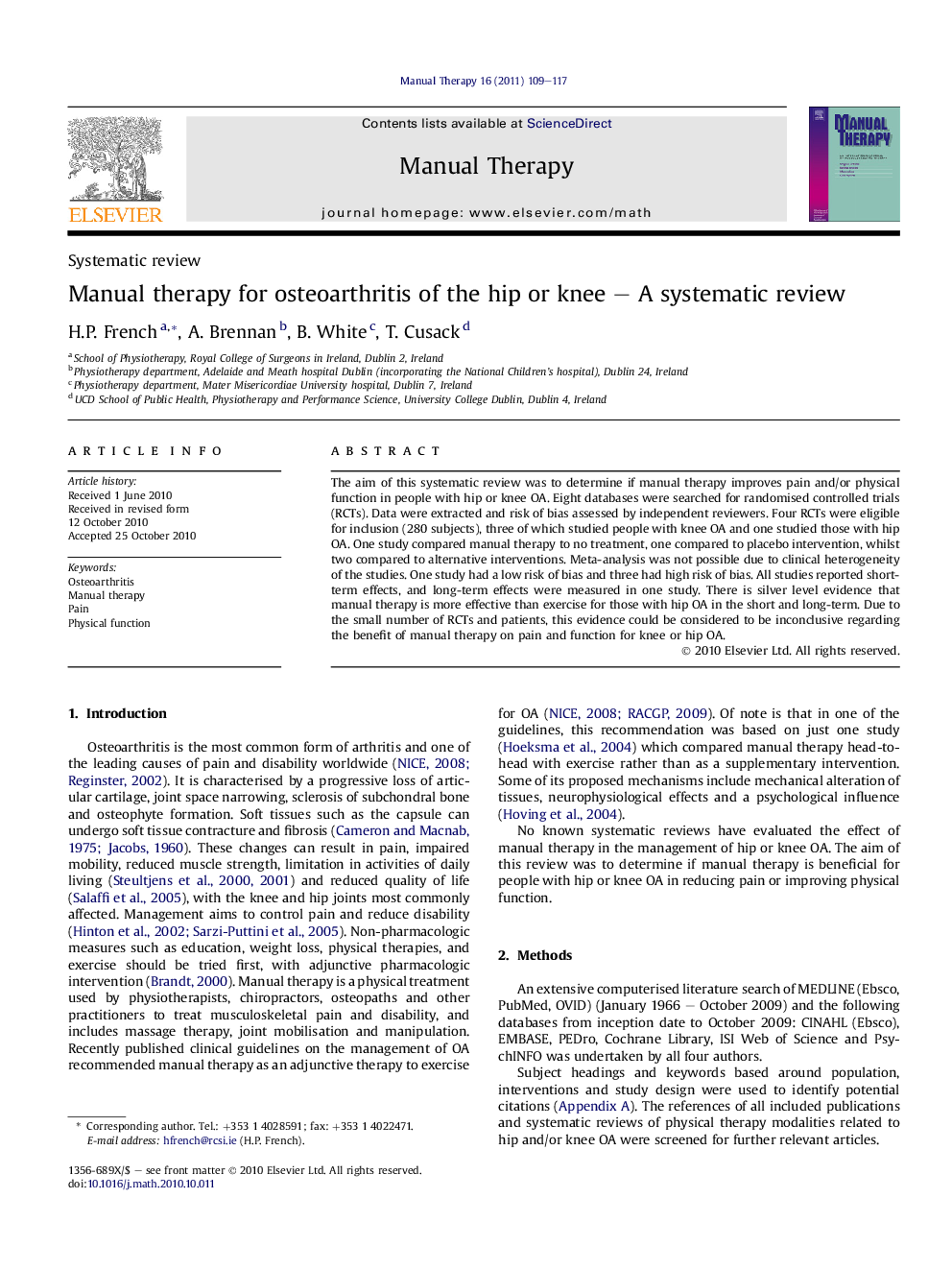 Manual therapy for osteoarthritis of the hip or knee – A systematic review