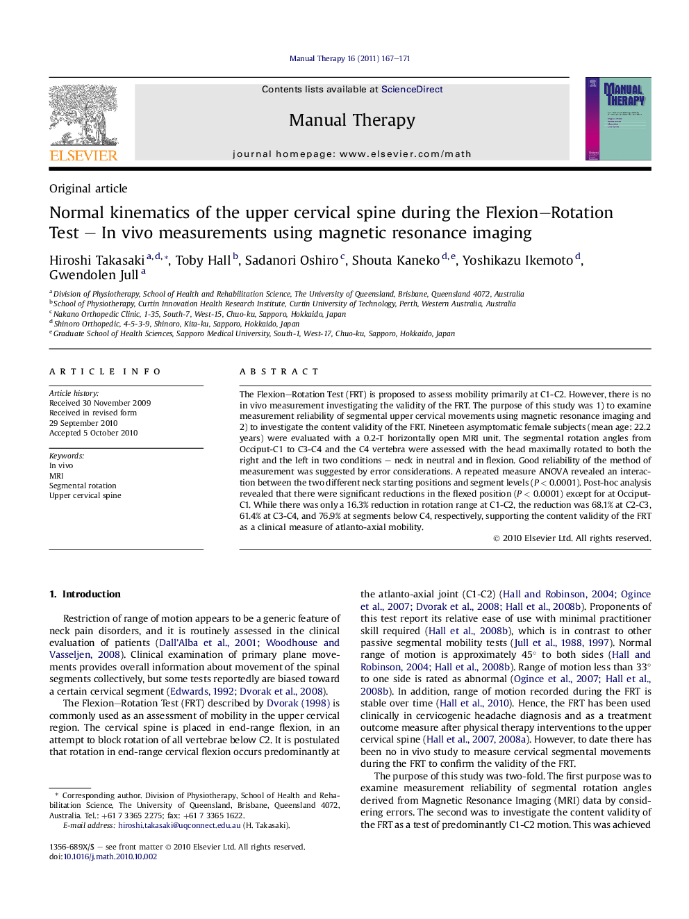 Normal kinematics of the upper cervical spine during the Flexion–Rotation Test – In vivo measurements using magnetic resonance imaging