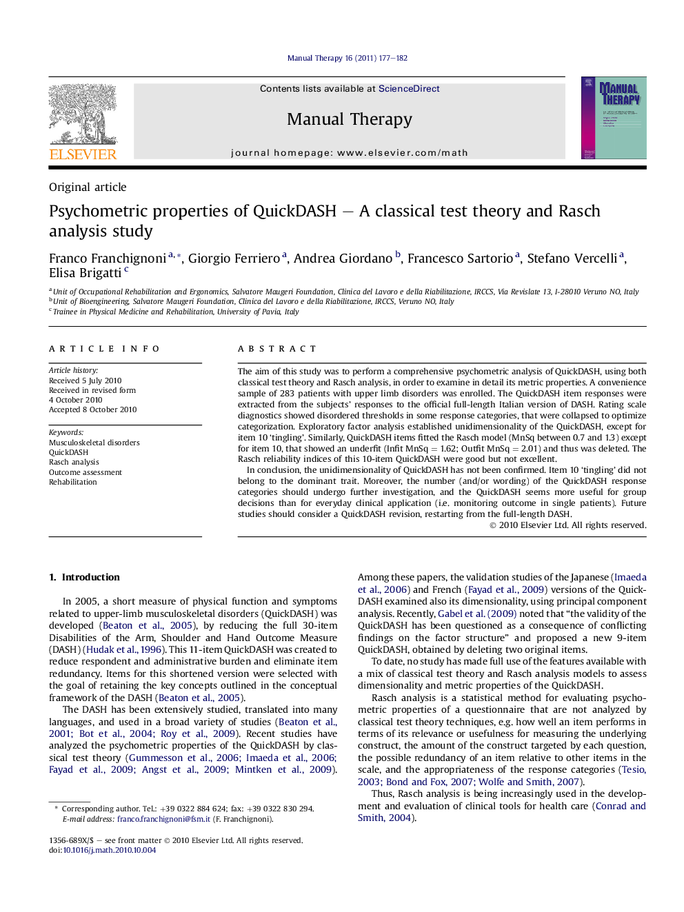 Psychometric properties of QuickDASH – A classical test theory and Rasch analysis study