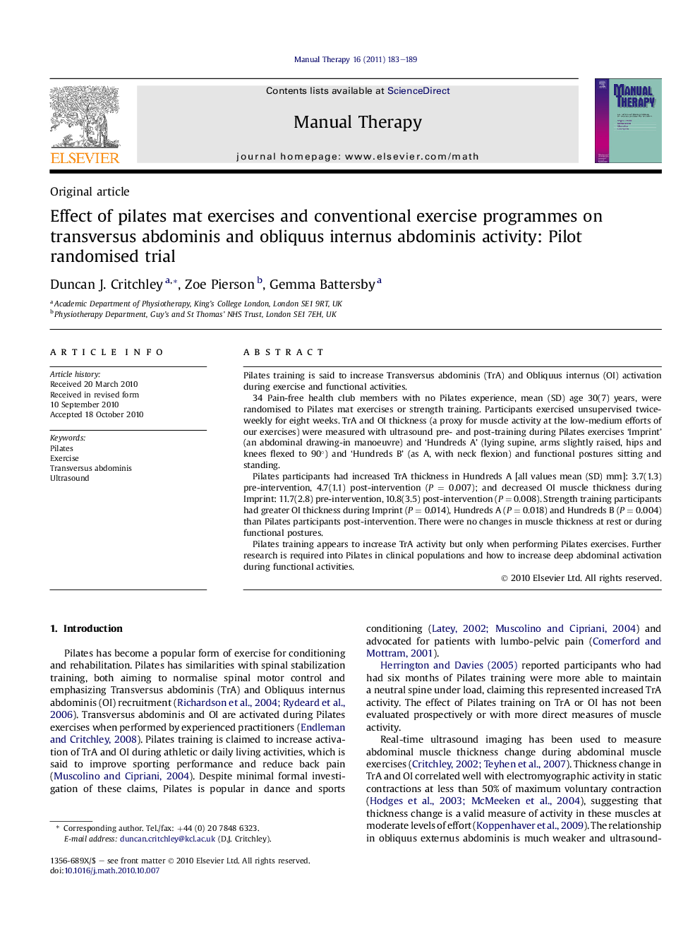 Effect of pilates mat exercises and conventional exercise programmes on transversus abdominis and obliquus internus abdominis activity: Pilot randomised trial