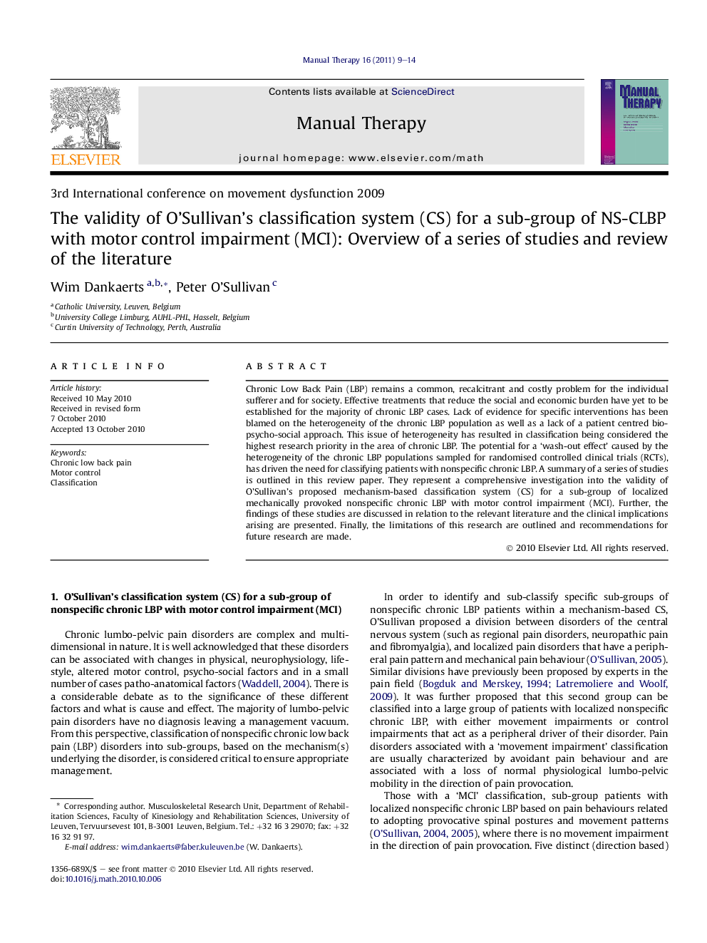 The validity of O’Sullivan’s classification system (CS) for a sub-group of NS-CLBP with motor control impairment (MCI): Overview of a series of studies and review of the literature