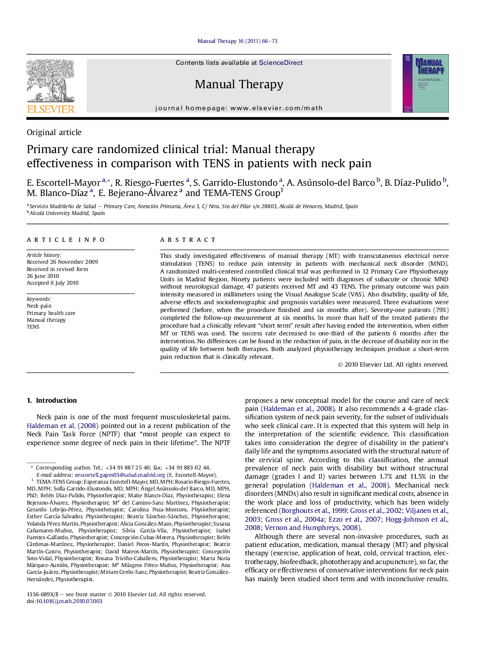 Primary care randomized clinical trial: Manual therapy effectiveness in comparison with TENS in patients with neck pain