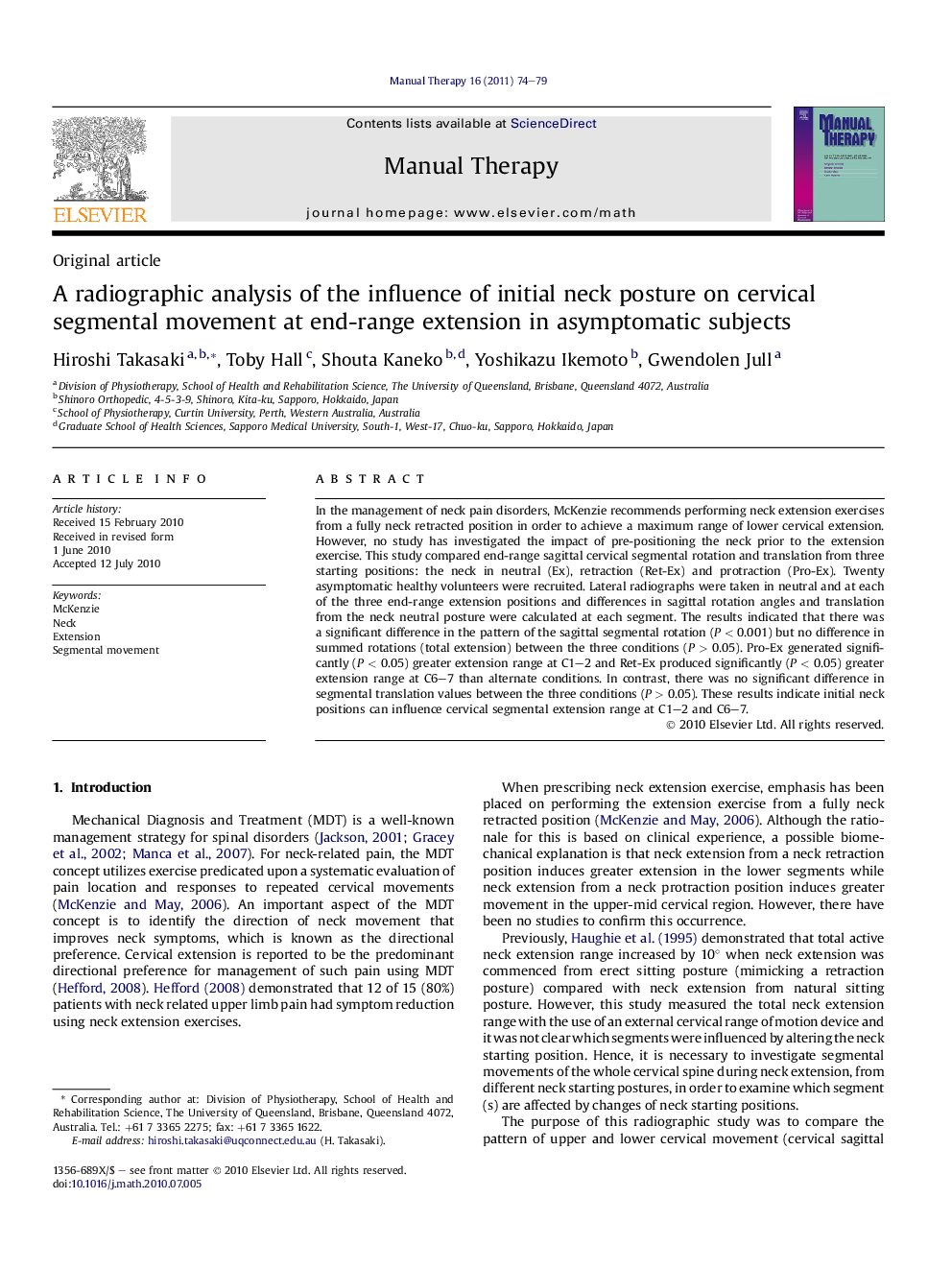 A radiographic analysis of the influence of initial neck posture on cervical segmental movement at end-range extension in asymptomatic subjects