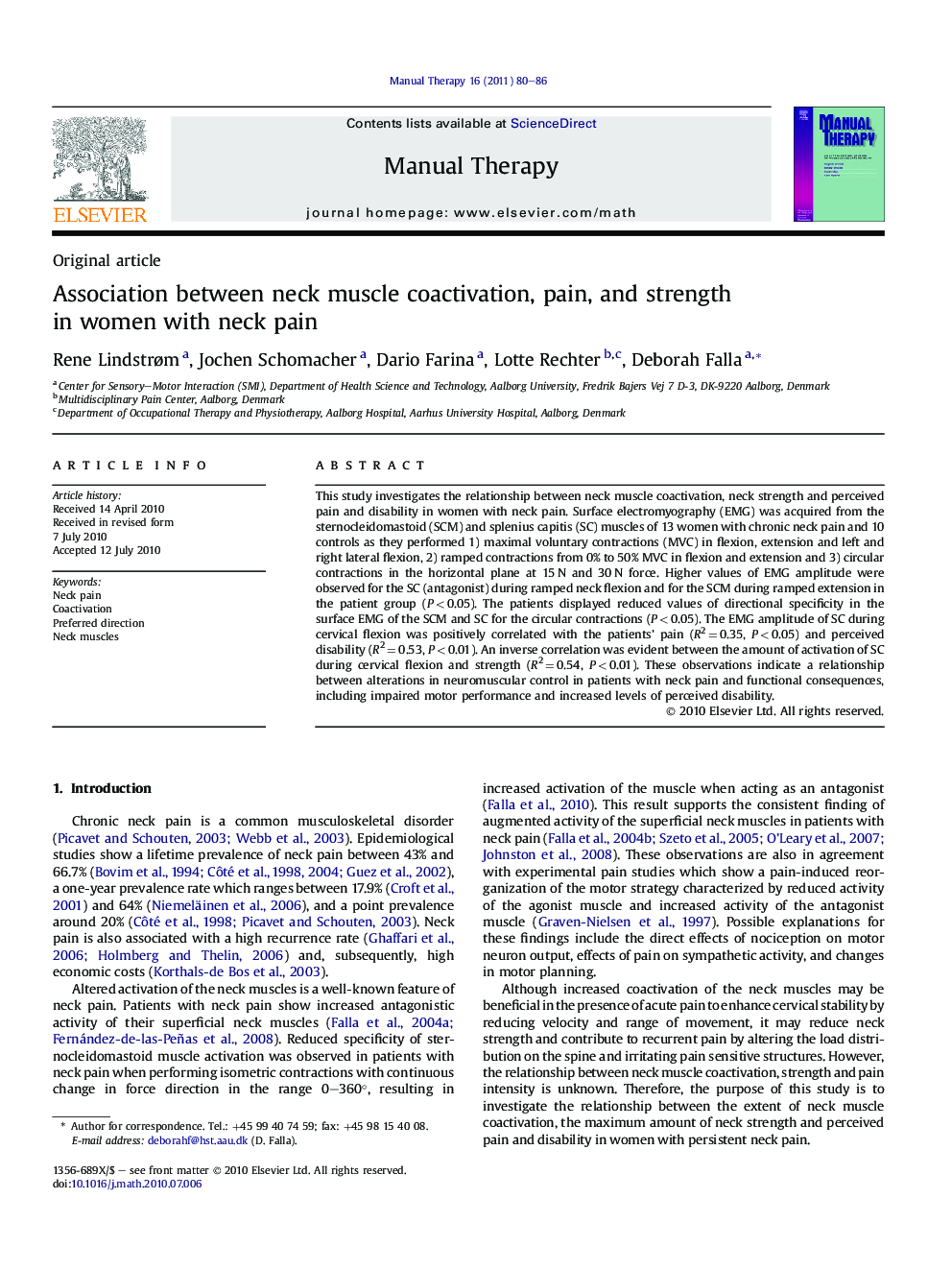 Association between neck muscle coactivation, pain, and strength in women with neck pain