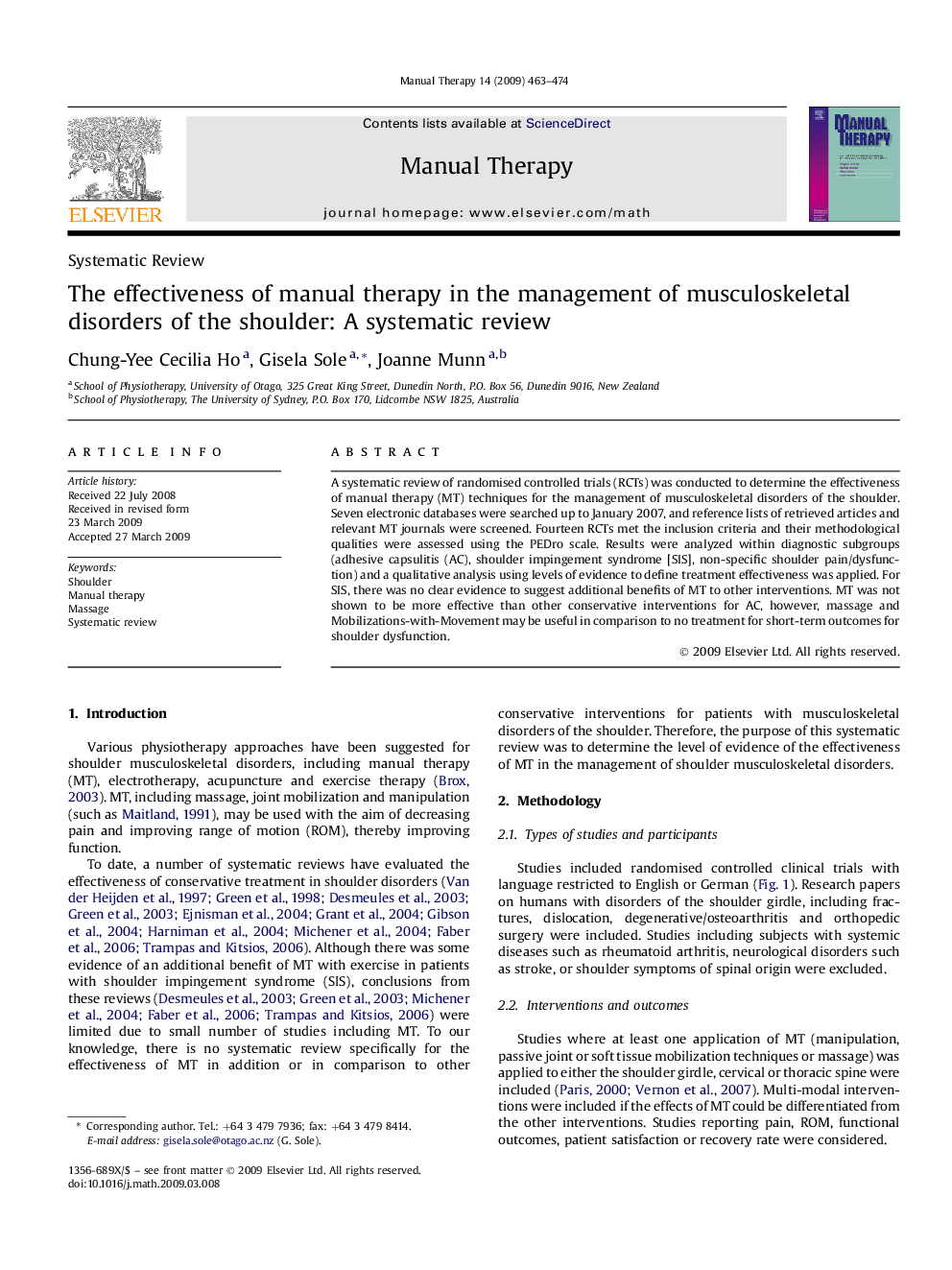 The effectiveness of manual therapy in the management of musculoskeletal disorders of the shoulder: A systematic review