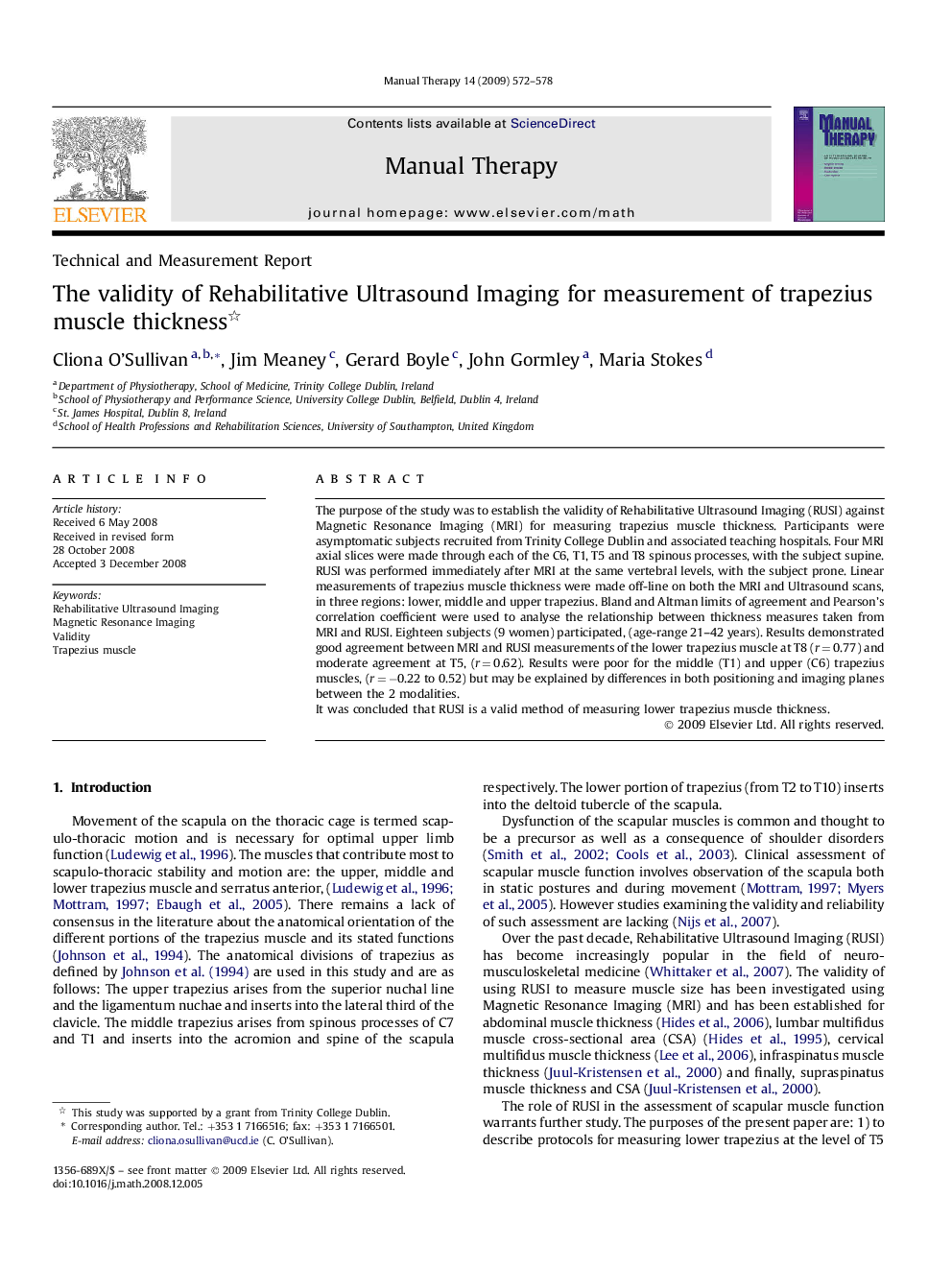 The validity of Rehabilitative Ultrasound Imaging for measurement of trapezius muscle thickness 