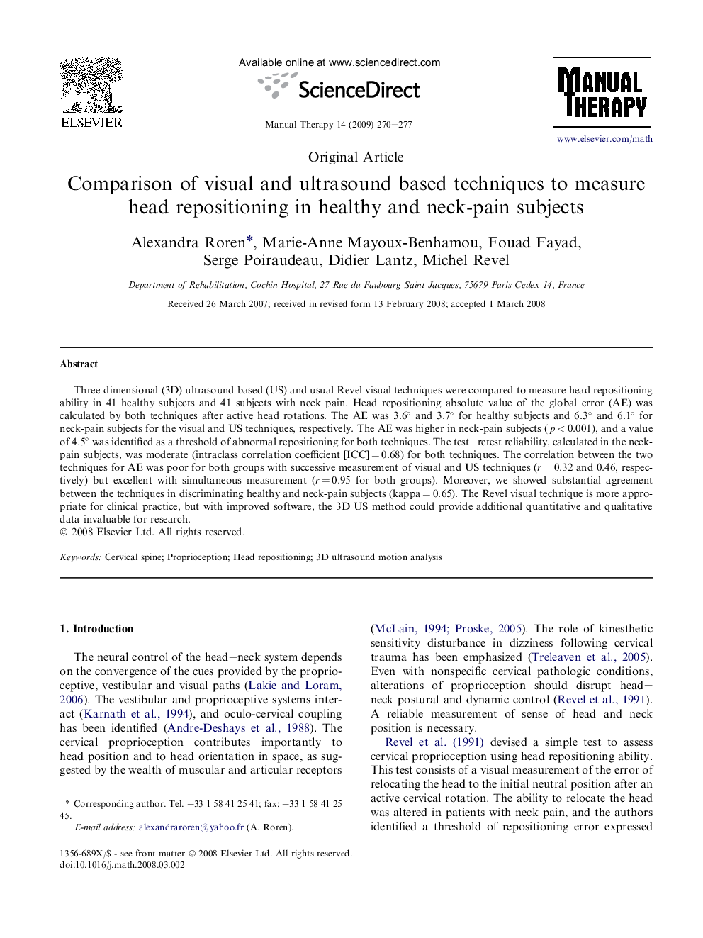 Comparison of visual and ultrasound based techniques to measure head repositioning in healthy and neck-pain subjects