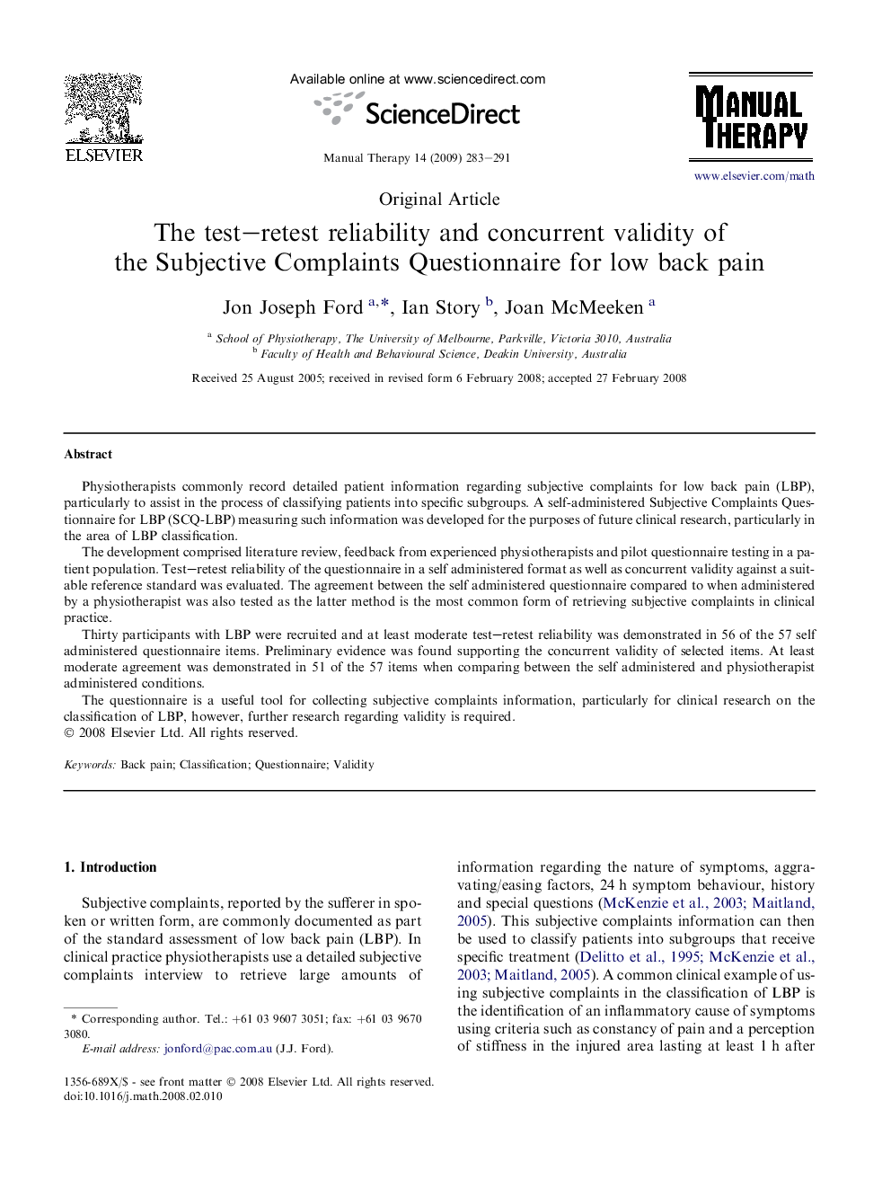 The test–retest reliability and concurrent validity of the Subjective Complaints Questionnaire for low back pain