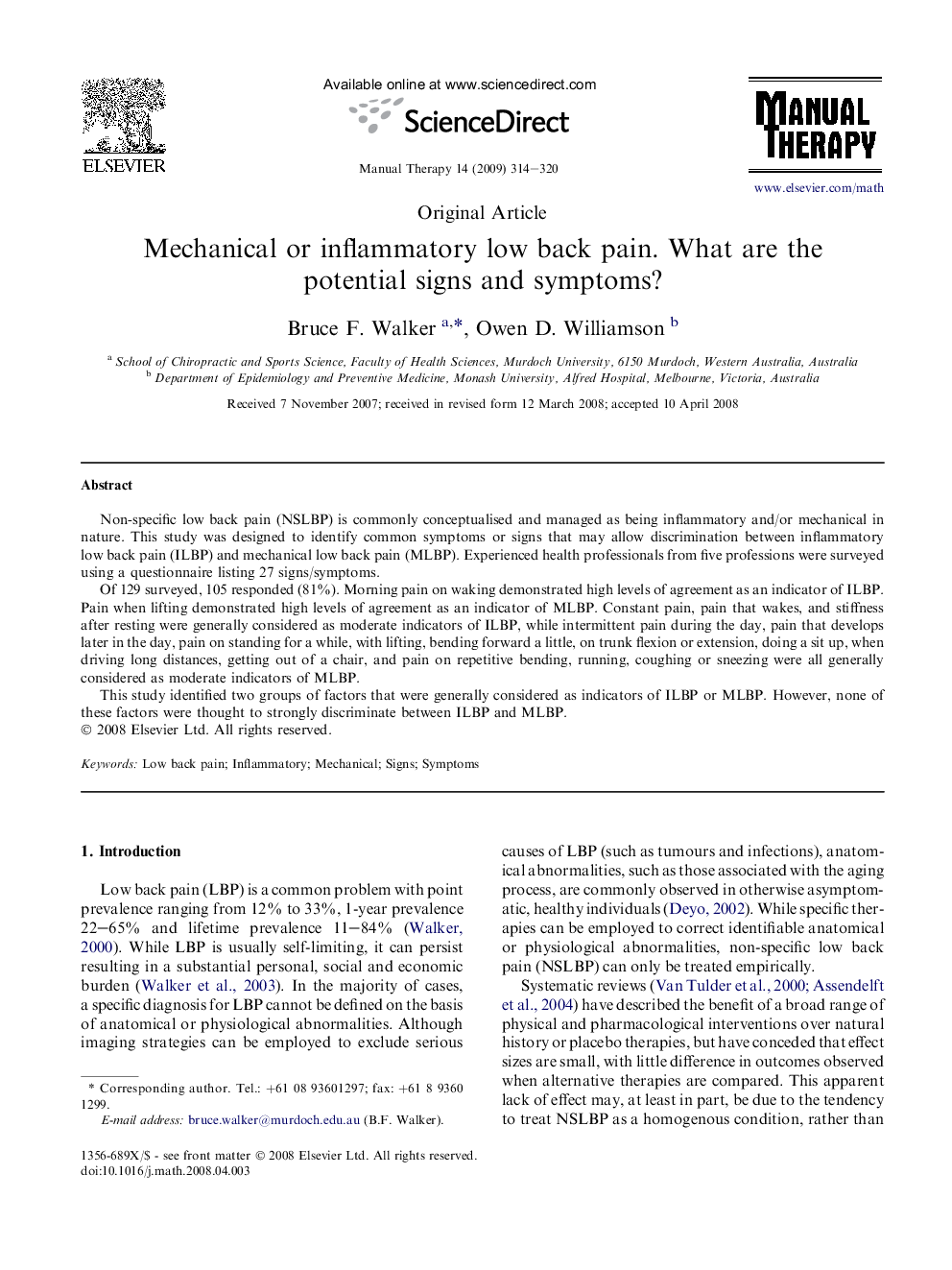 Mechanical or inflammatory low back pain. What are the potential signs and symptoms?