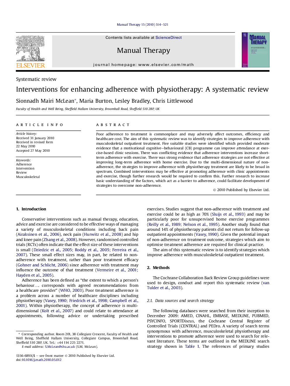 Interventions for enhancing adherence with physiotherapy: A systematic review