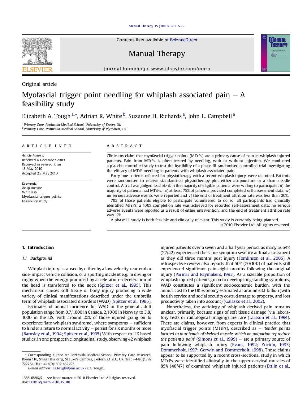 Myofascial trigger point needling for whiplash associated pain – A feasibility study