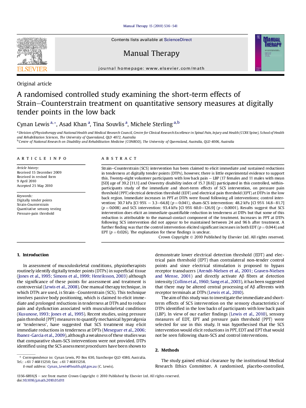 A randomised controlled study examining the short-term effects of Strain–Counterstrain treatment on quantitative sensory measures at digitally tender points in the low back