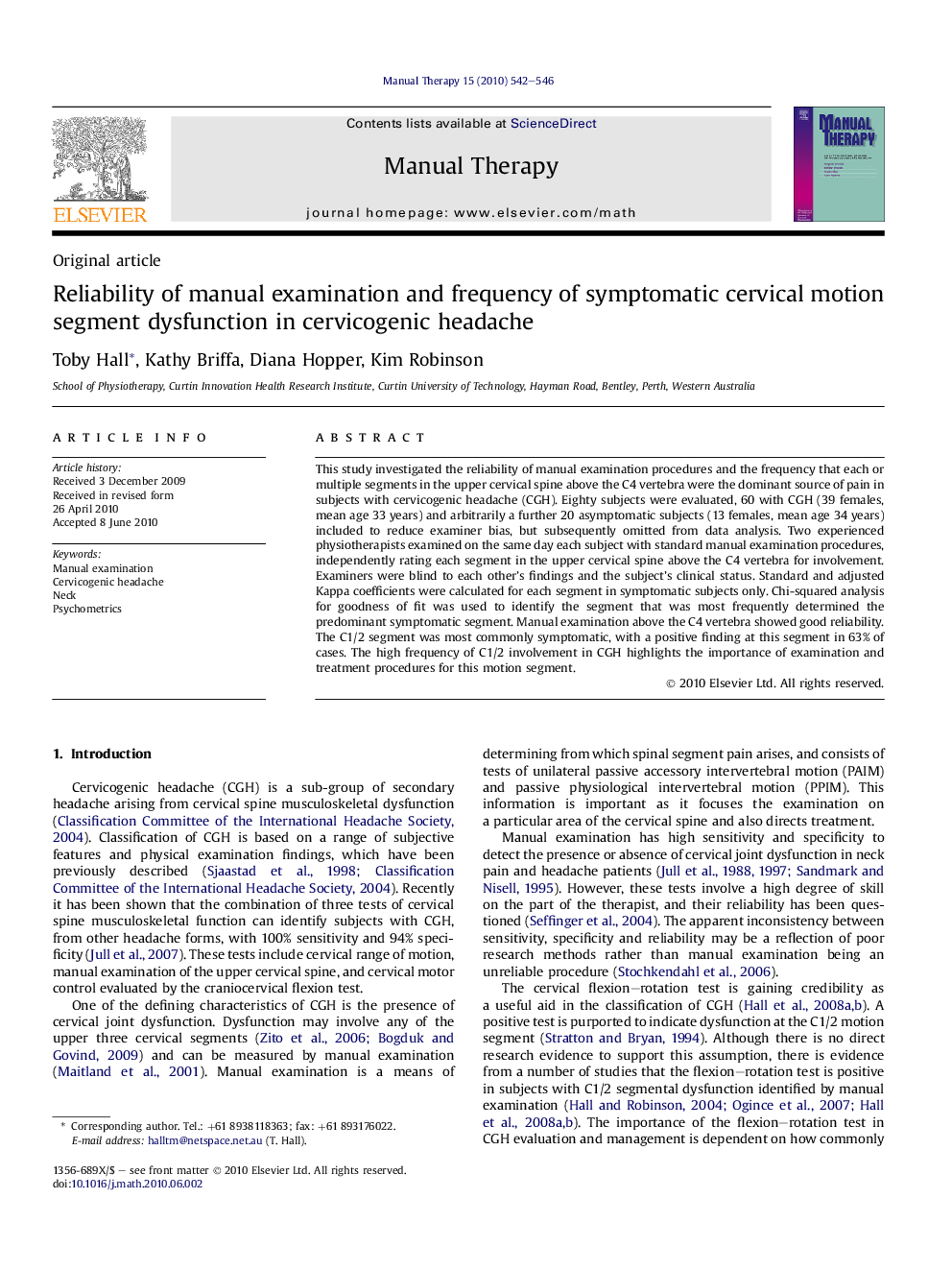 Reliability of manual examination and frequency of symptomatic cervical motion segment dysfunction in cervicogenic headache