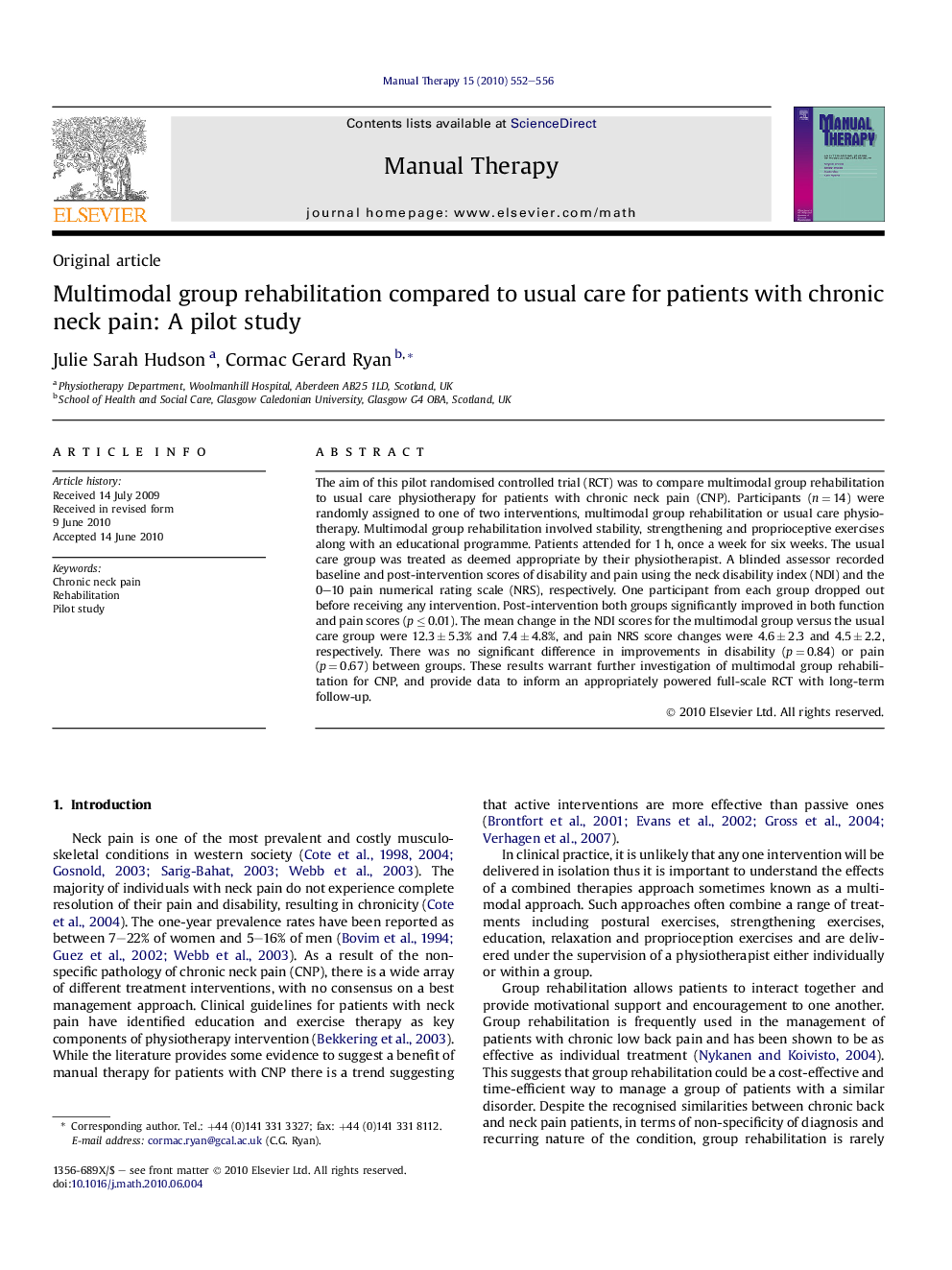 Multimodal group rehabilitation compared to usual care for patients with chronic neck pain: A pilot study