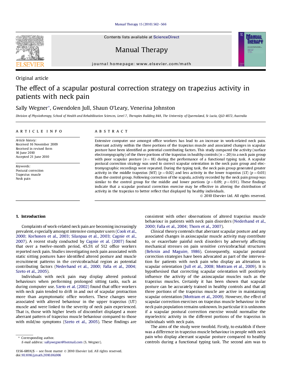 The effect of a scapular postural correction strategy on trapezius activity in patients with neck pain