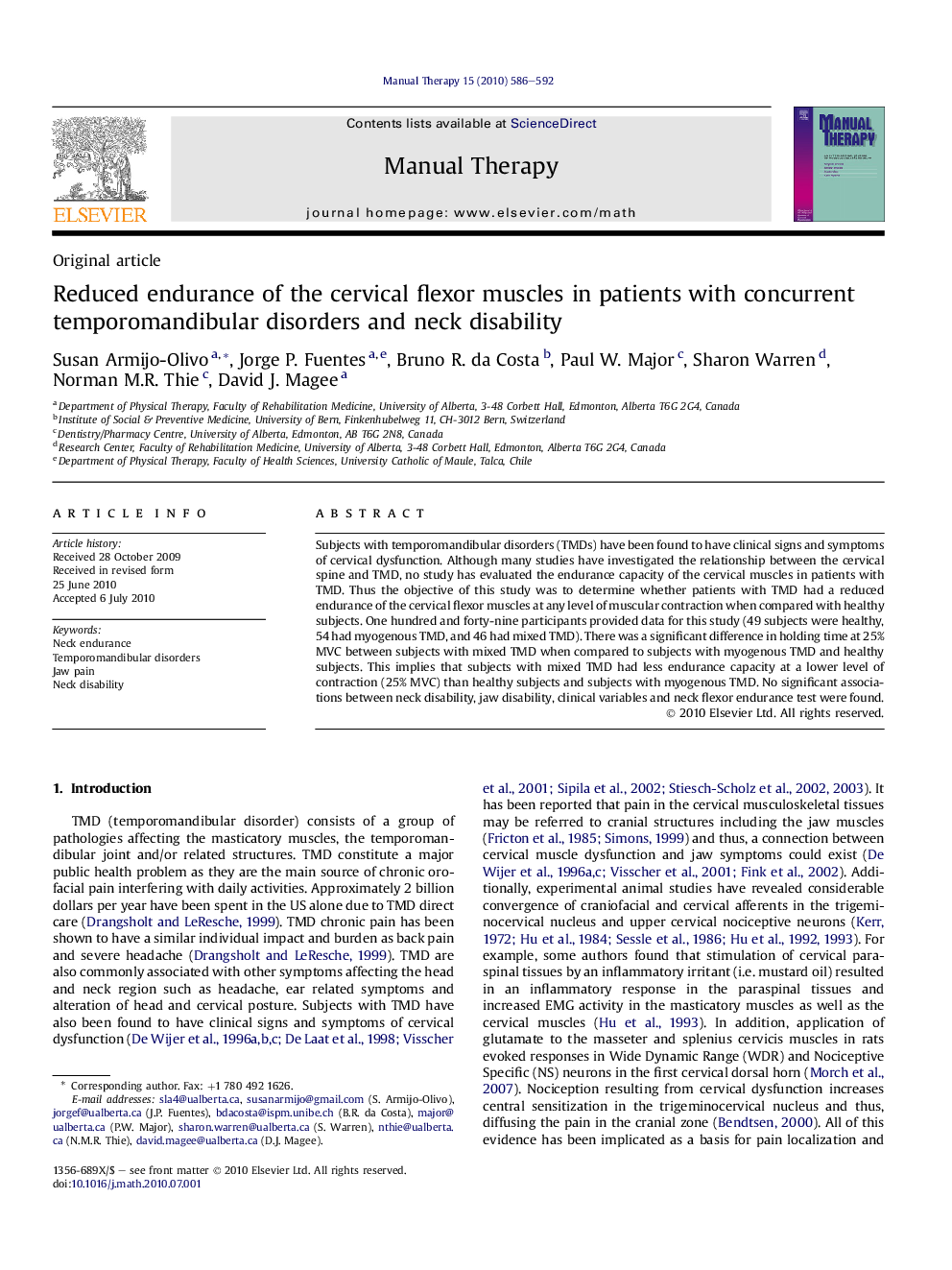 Reduced endurance of the cervical flexor muscles in patients with concurrent temporomandibular disorders and neck disability