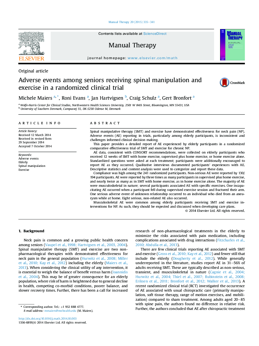 Adverse events among seniors receiving spinal manipulation and exercise in a randomized clinical trial