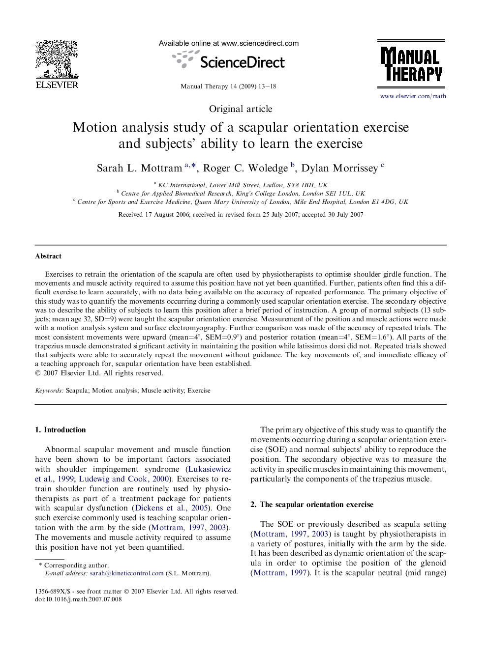 Motion analysis study of a scapular orientation exercise and subjects’ ability to learn the exercise