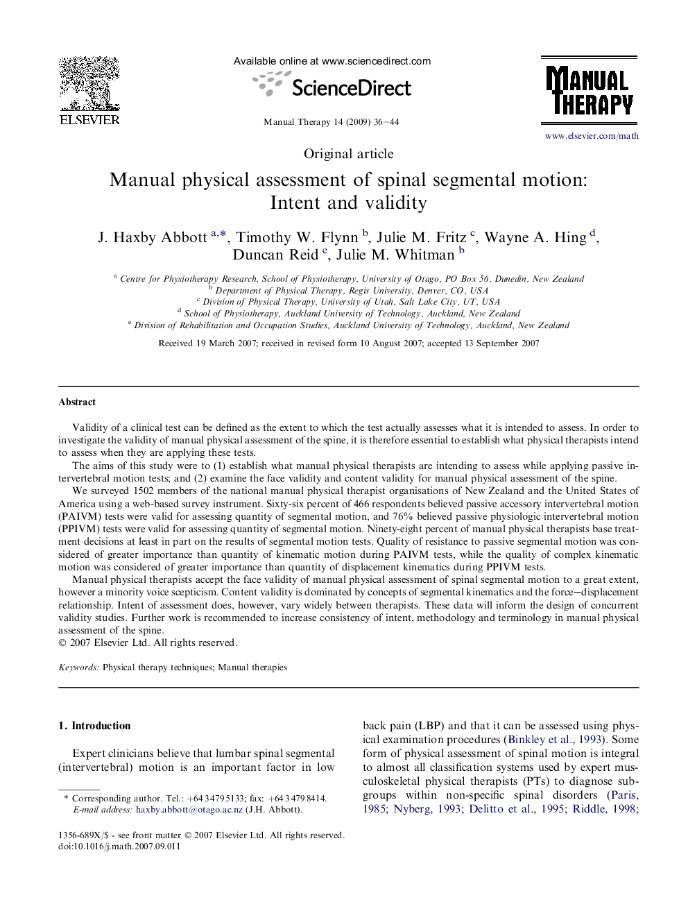 Manual physical assessment of spinal segmental motion: Intent and validity