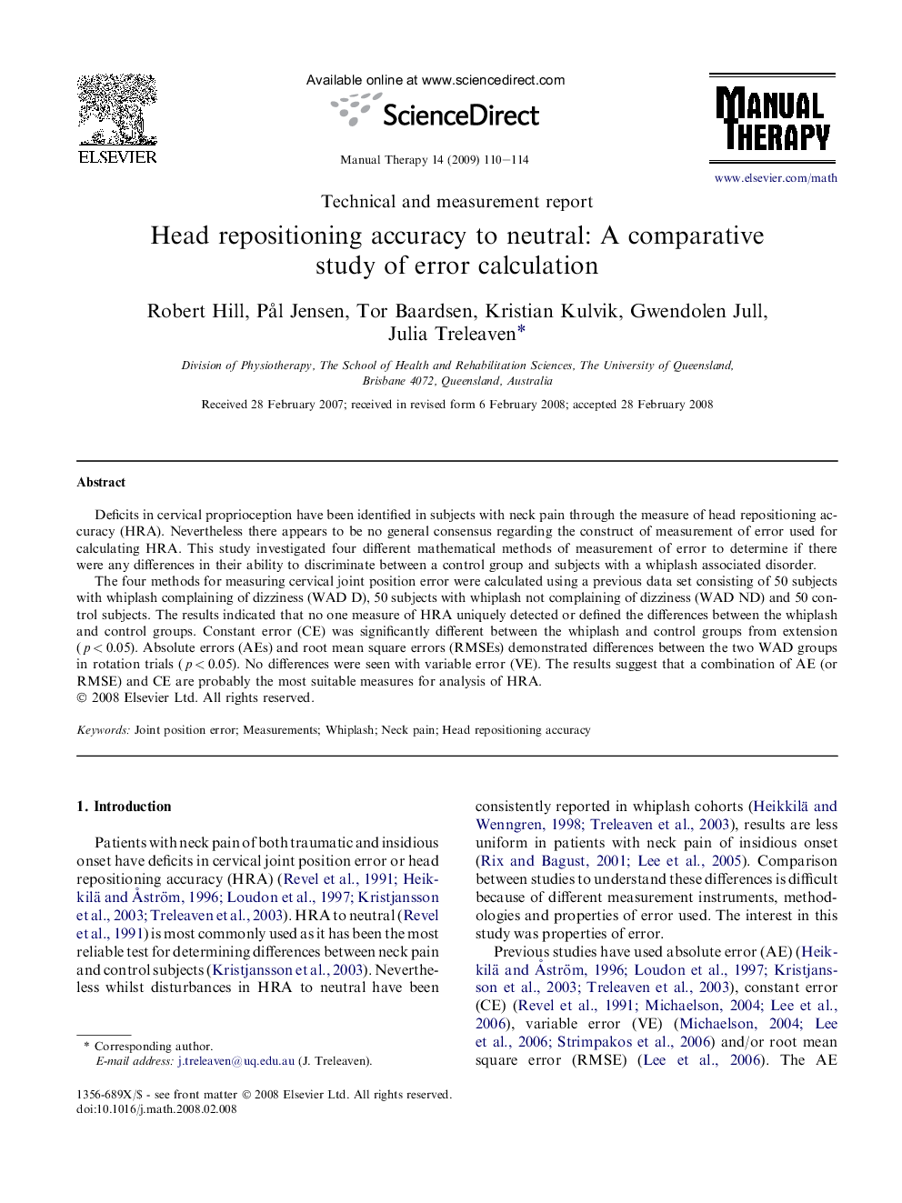 Head repositioning accuracy to neutral: A comparative study of error calculation