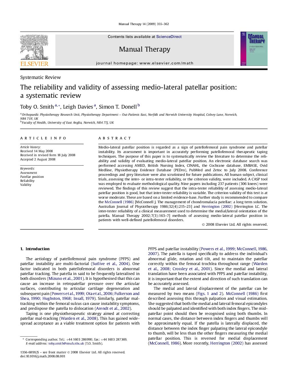 The reliability and validity of assessing medio-lateral patellar position: a systematic review