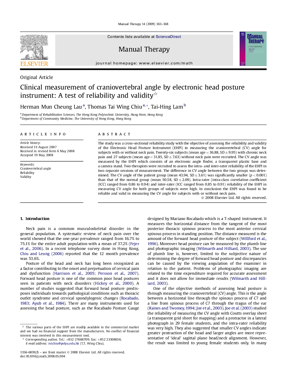 Clinical measurement of craniovertebral angle by electronic head posture instrument: A test of reliability and validity 