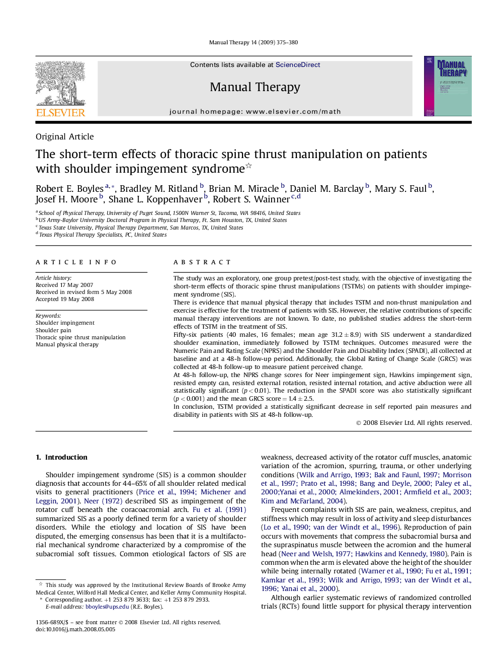 The short-term effects of thoracic spine thrust manipulation on patients with shoulder impingement syndrome 