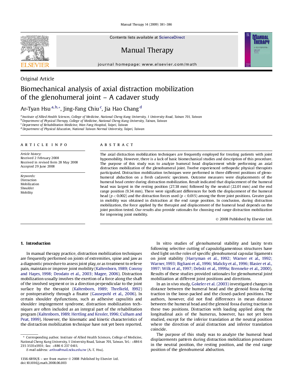 Biomechanical analysis of axial distraction mobilization of the glenohumeral joint – A cadaver study