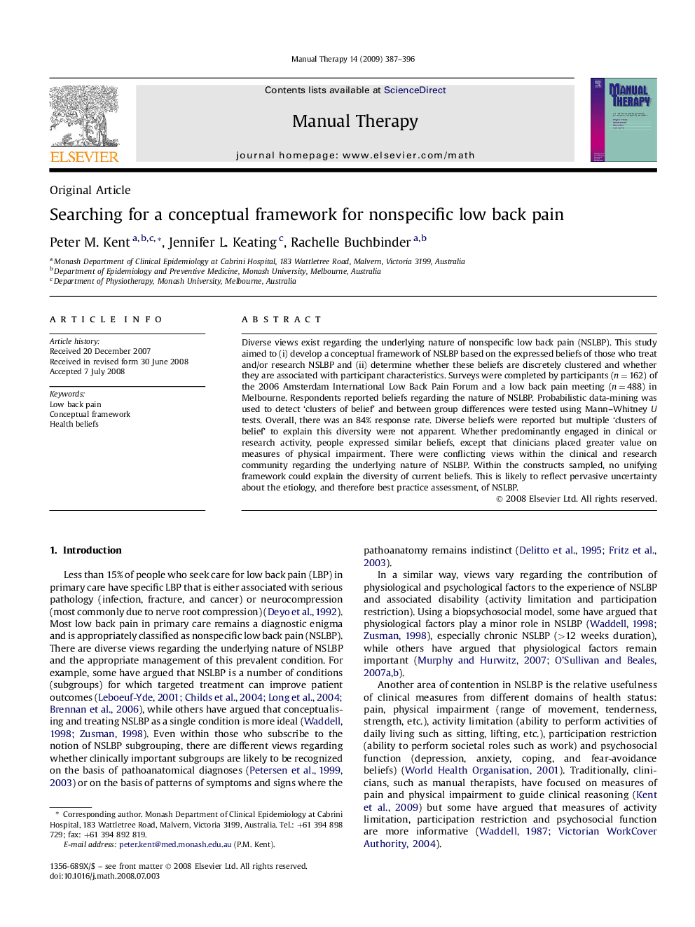 Searching for a conceptual framework for nonspecific low back pain