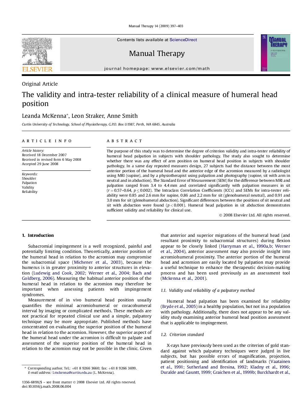 The validity and intra-tester reliability of a clinical measure of humeral head position