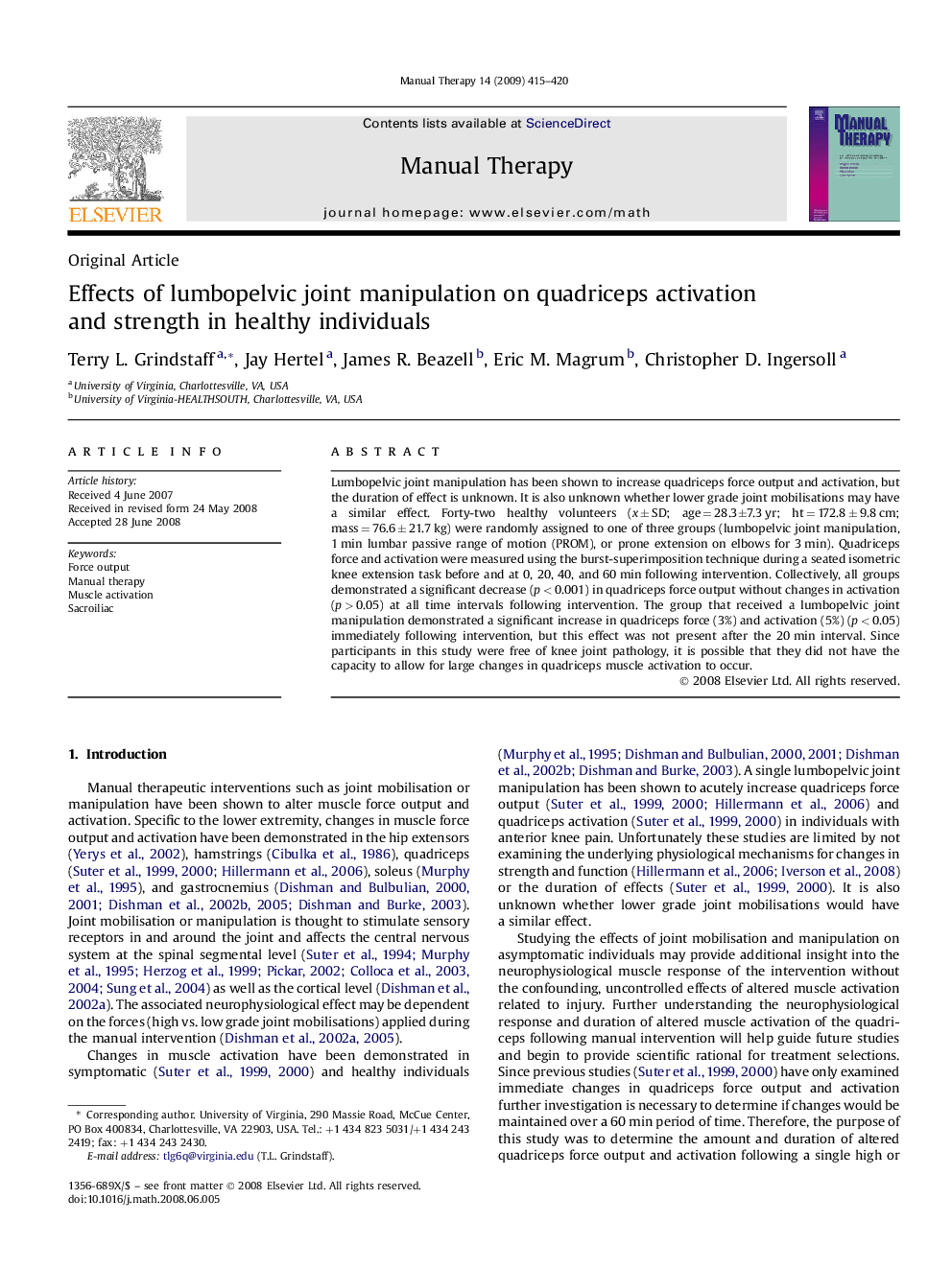 Effects of lumbopelvic joint manipulation on quadriceps activation and strength in healthy individuals