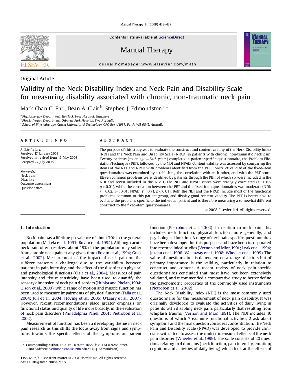 Validity of the Neck Disability Index and Neck Pain and Disability Scale for measuring disability associated with chronic, non-traumatic neck pain