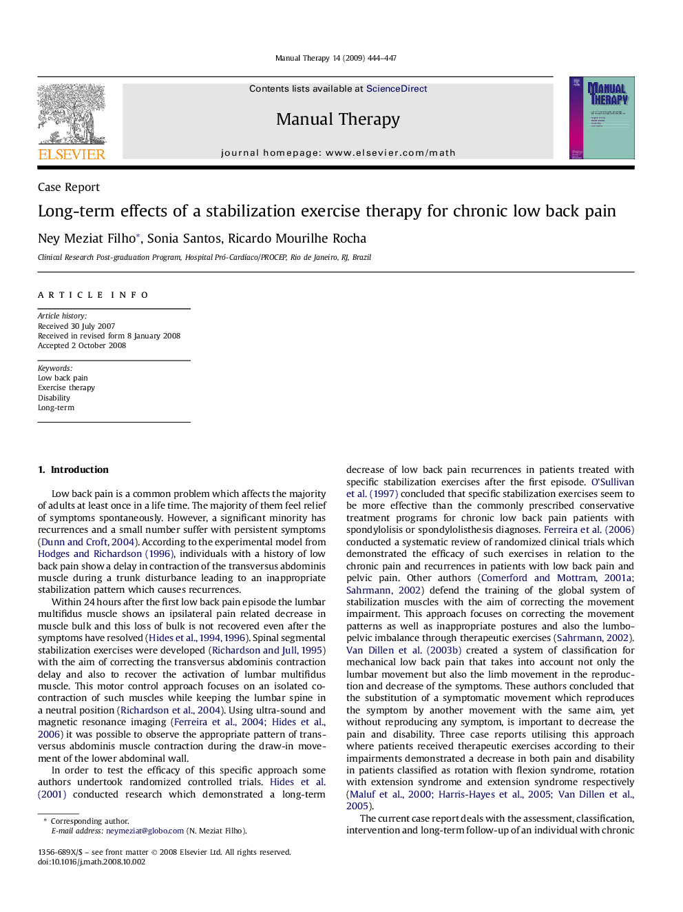 Long-term effects of a stabilization exercise therapy for chronic low back pain