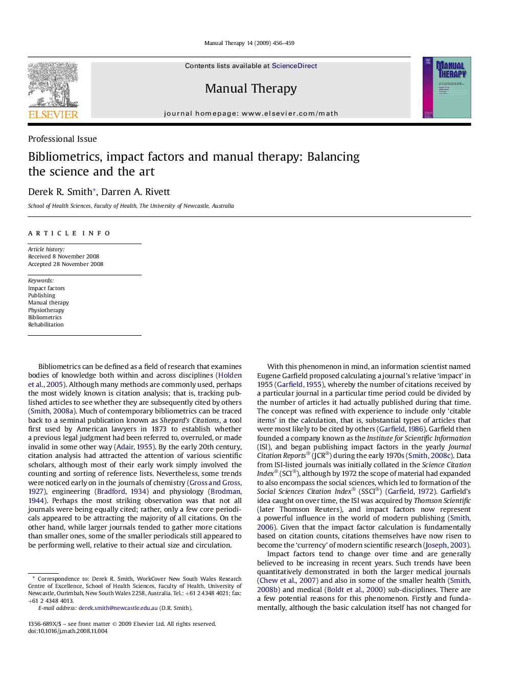 Bibliometrics, impact factors and manual therapy: Balancing the science and the art