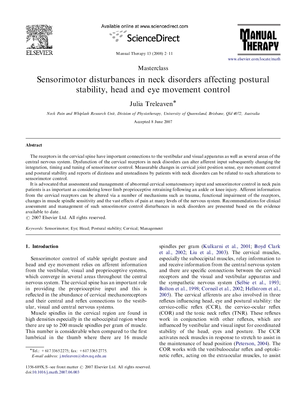 Sensorimotor disturbances in neck disorders affecting postural stability, head and eye movement control