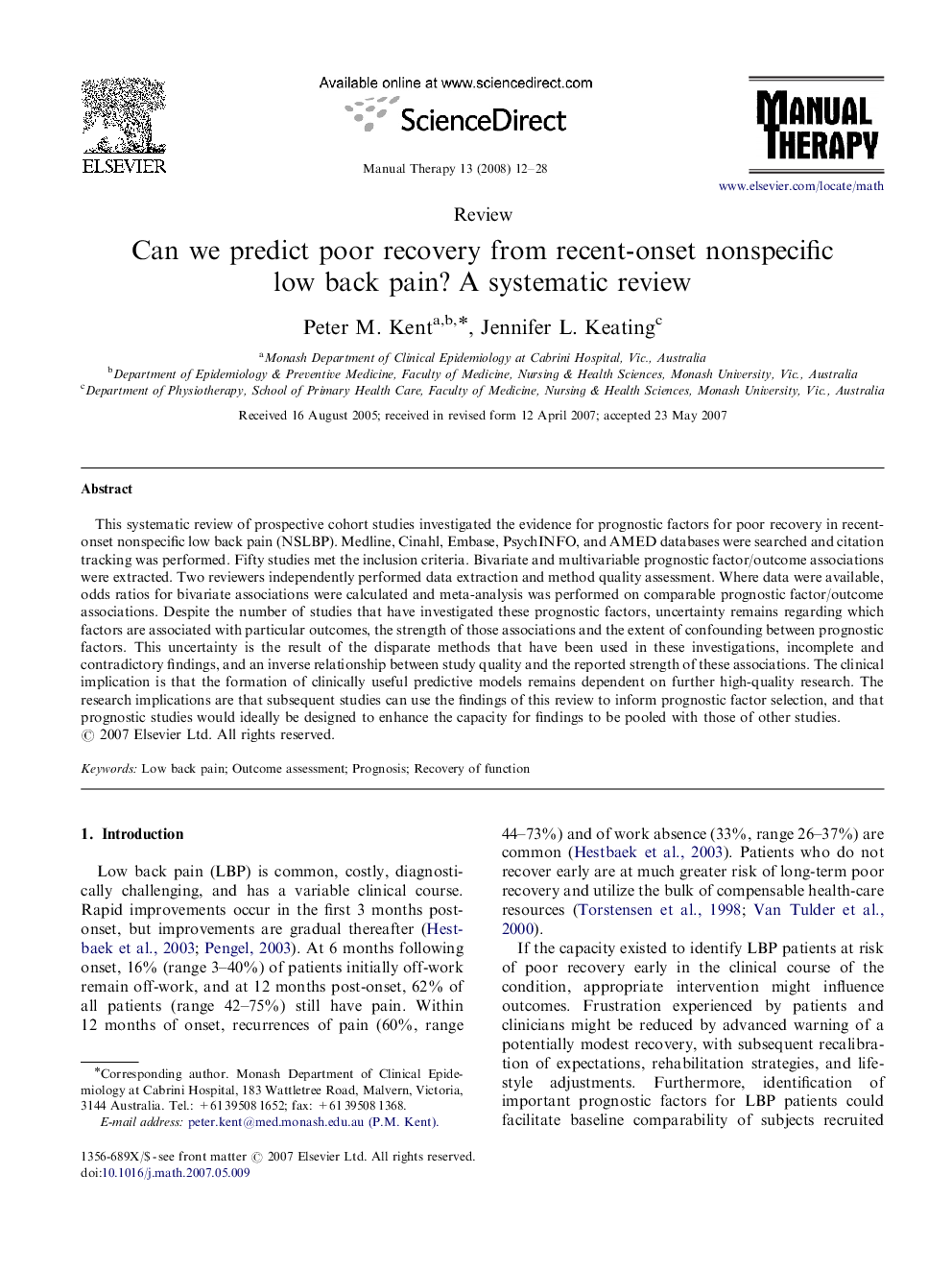 Can we predict poor recovery from recent-onset nonspecific low back pain? A systematic review