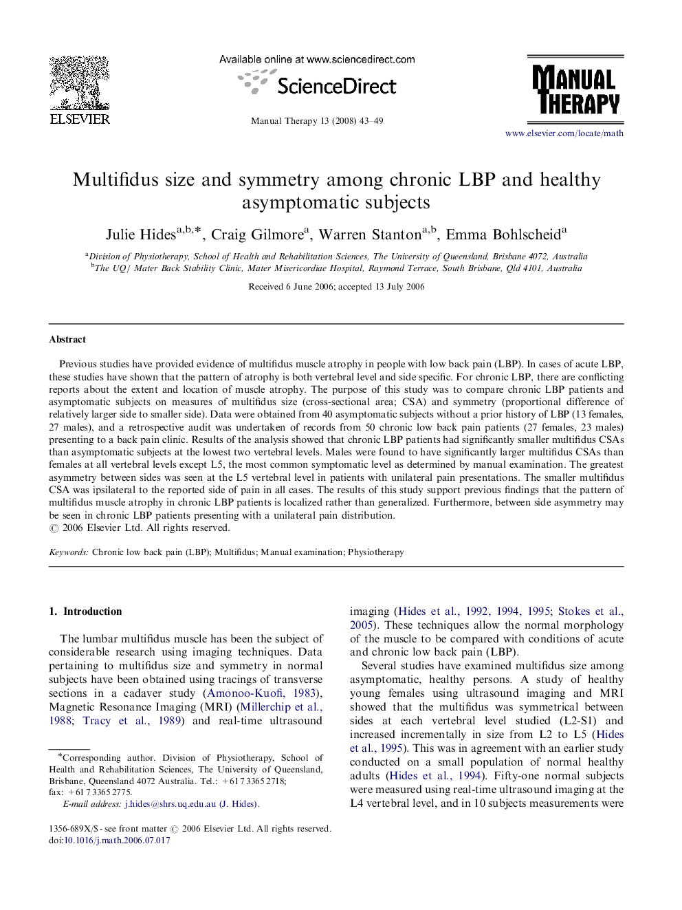 Multifidus size and symmetry among chronic LBP and healthy asymptomatic subjects