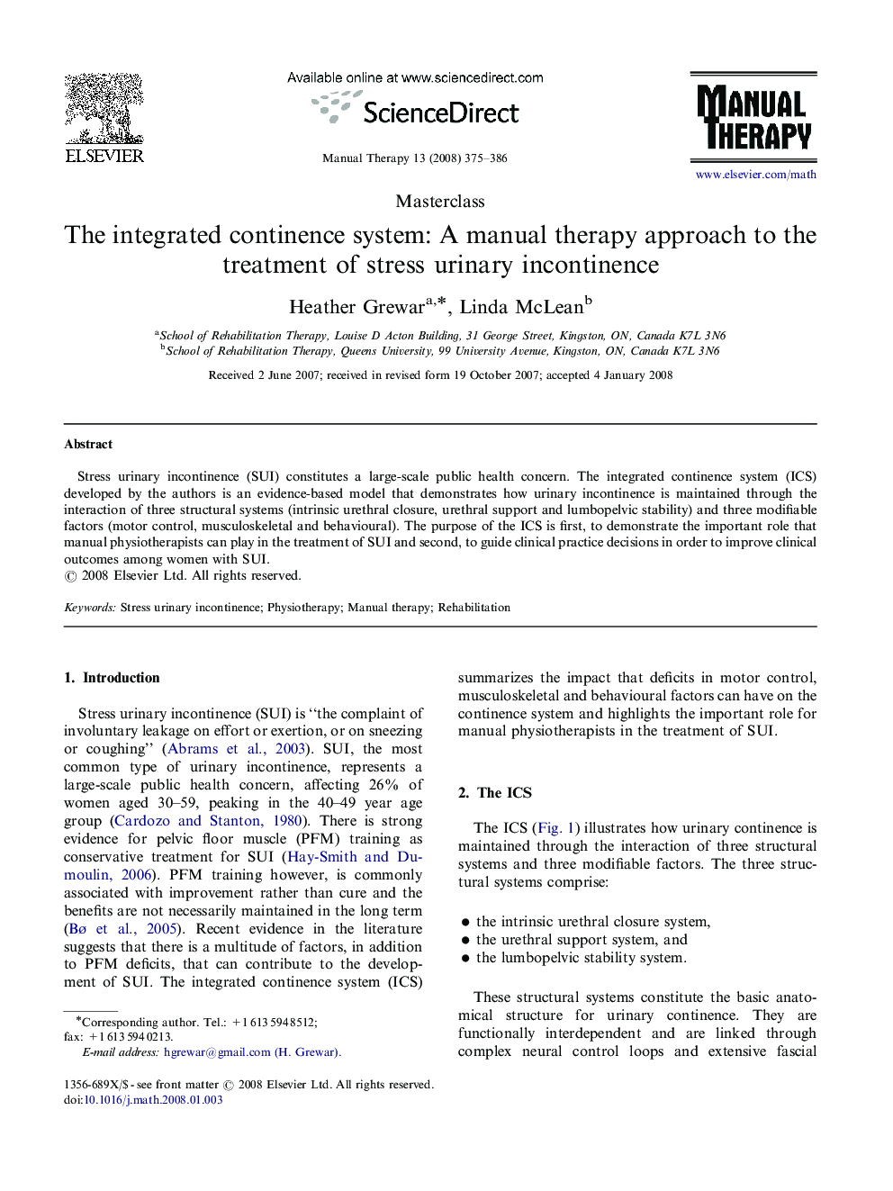 The integrated continence system: A manual therapy approach to the treatment of stress urinary incontinence