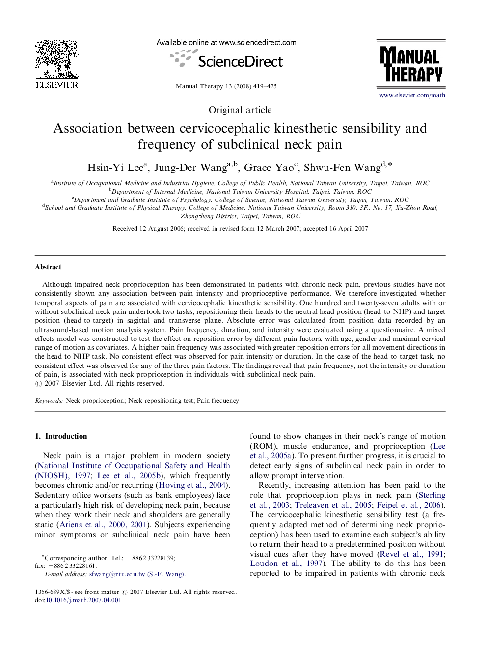 Association between cervicocephalic kinesthetic sensibility and frequency of subclinical neck pain