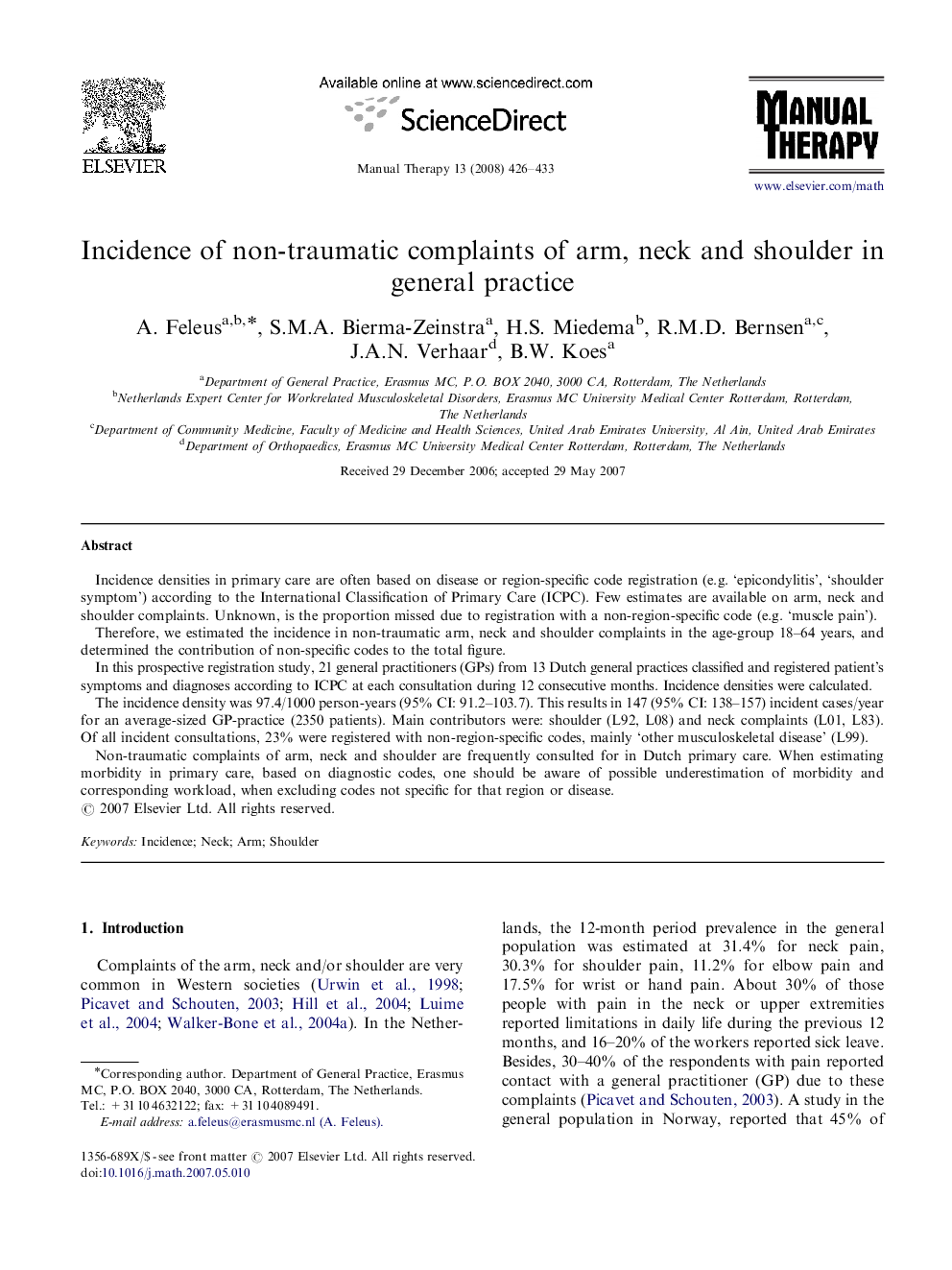 Incidence of non-traumatic complaints of arm, neck and shoulder in general practice