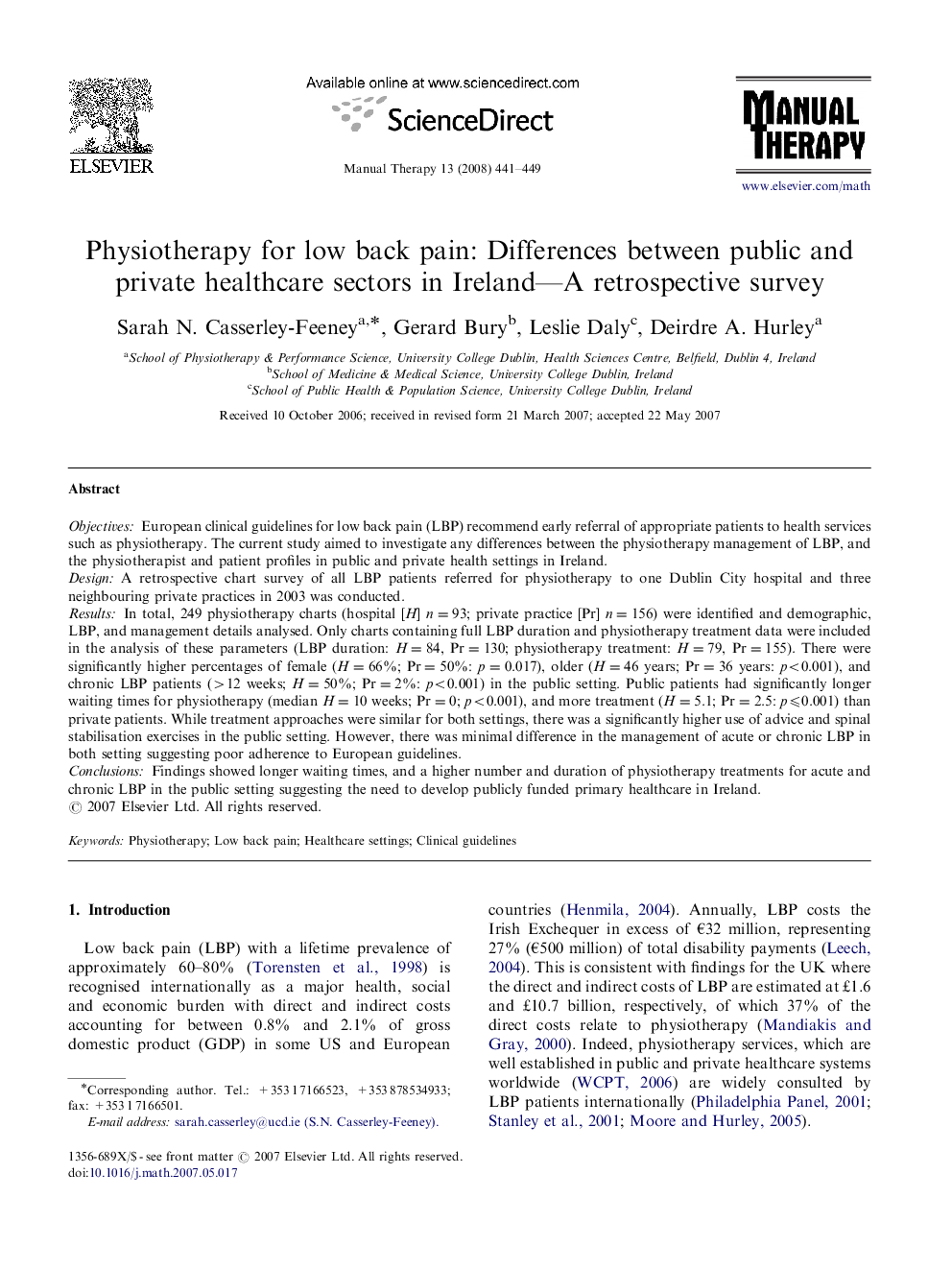 Physiotherapy for low back pain: Differences between public and private healthcare sectors in Ireland—A retrospective survey