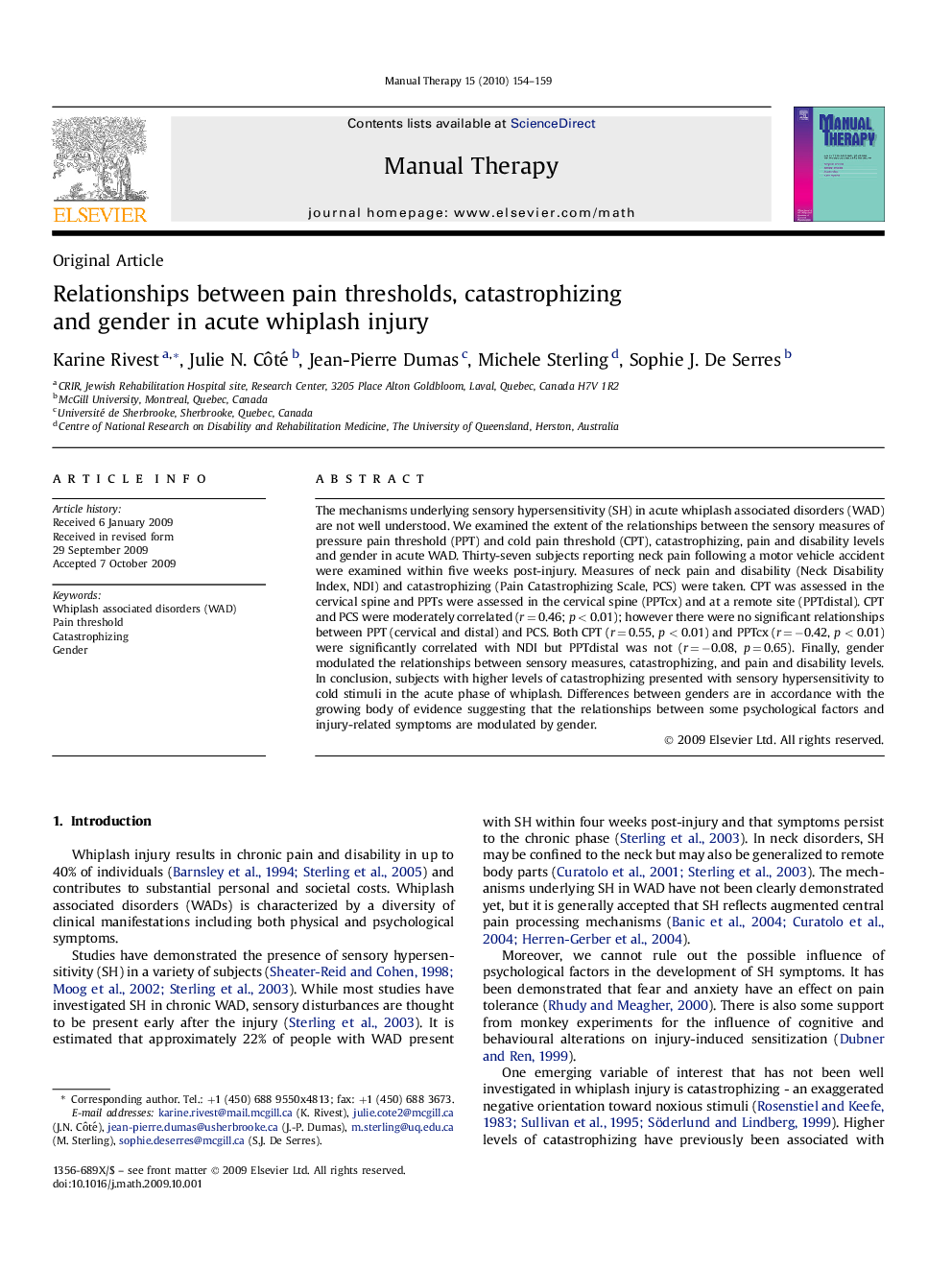 Relationships between pain thresholds, catastrophizing and gender in acute whiplash injury