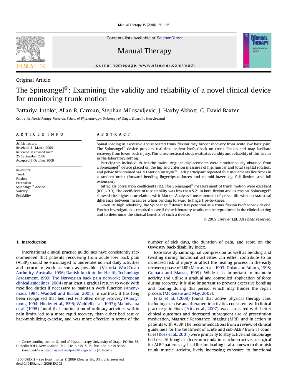 The Spineangel®: Examining the validity and reliability of a novel clinical device for monitoring trunk motion