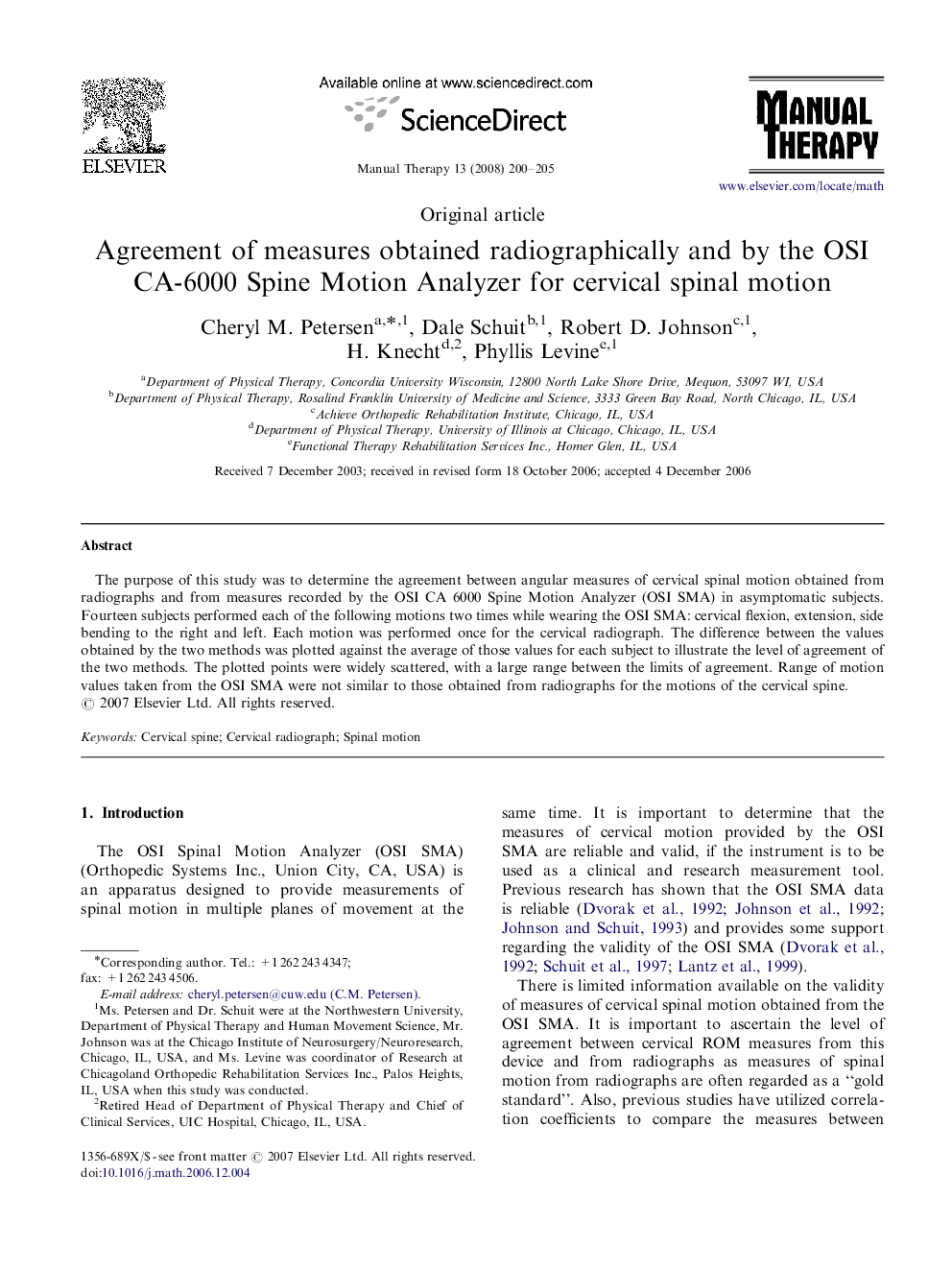 Agreement of measures obtained radiographically and by the OSI CA-6000 Spine Motion Analyzer for cervical spinal motion