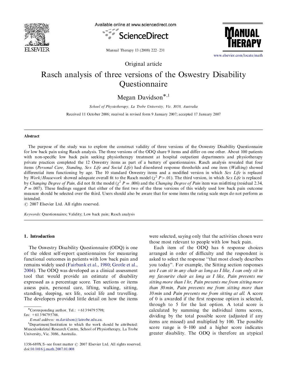 Rasch analysis of three versions of the Oswestry Disability Questionnaire