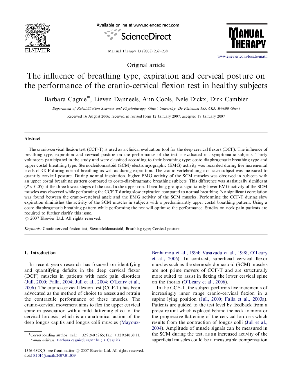 The influence of breathing type, expiration and cervical posture on the performance of the cranio-cervical flexion test in healthy subjects