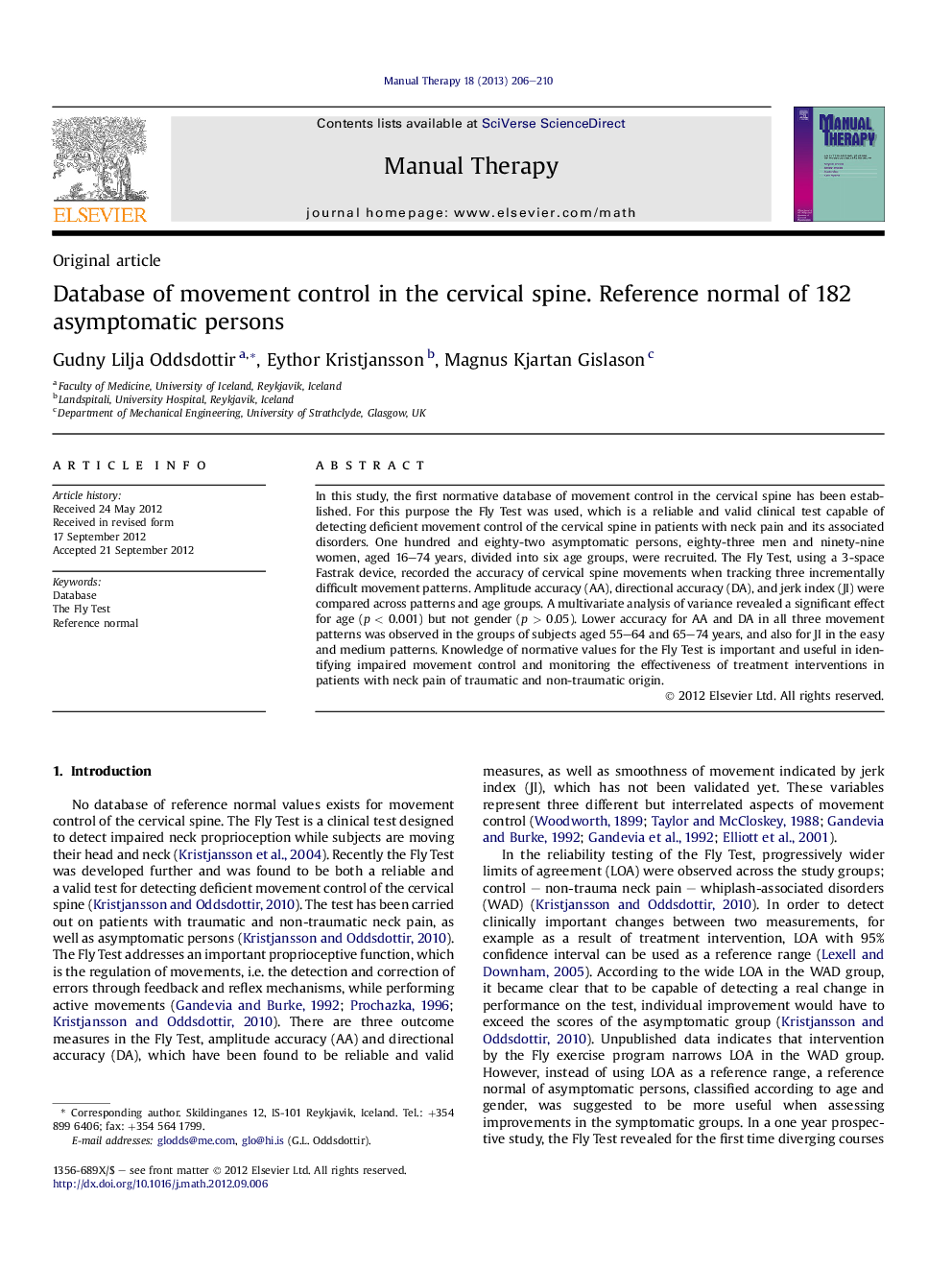 Database of movement control in the cervical spine. Reference normal of 182 asymptomatic persons