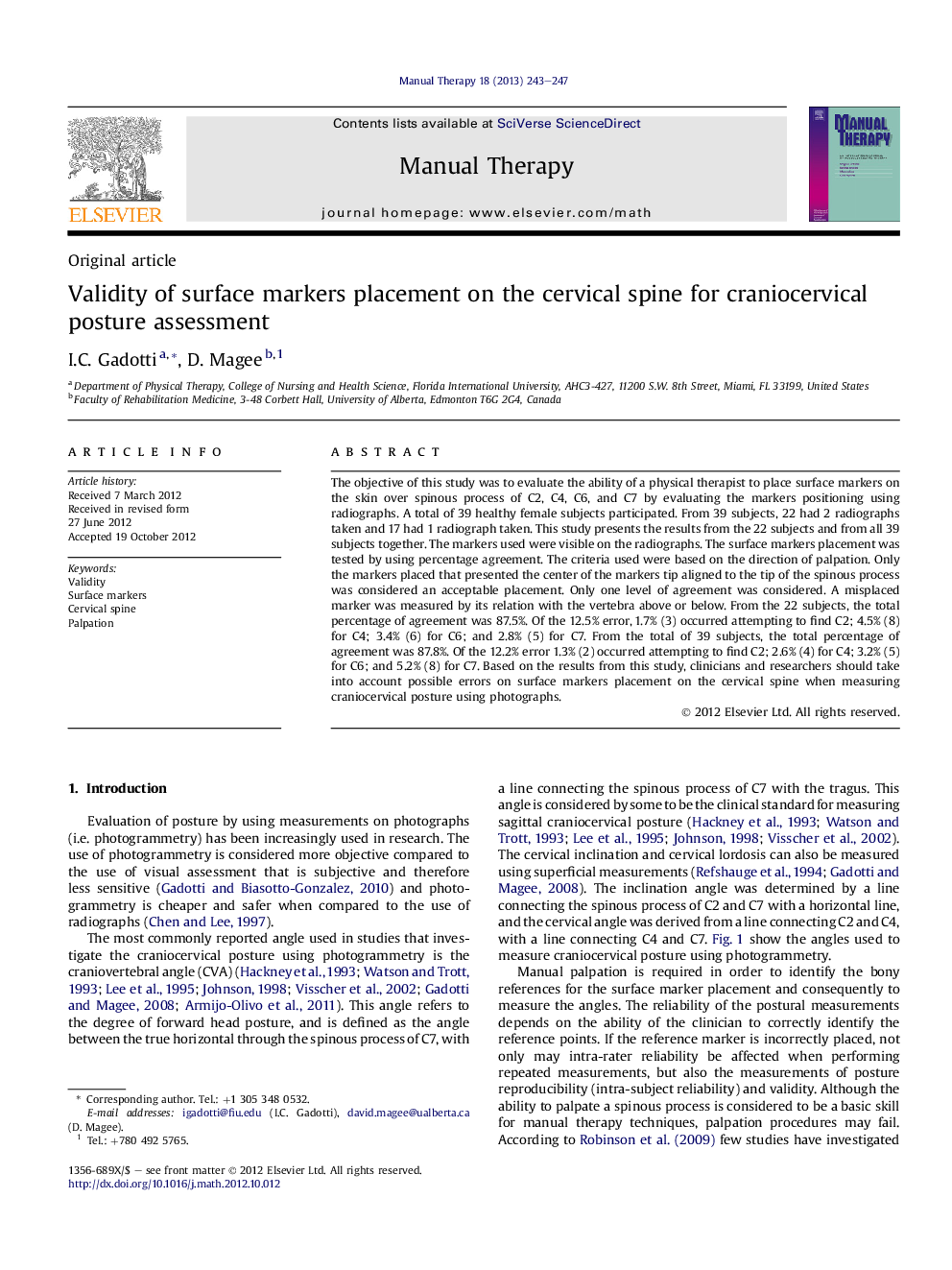 Validity of surface markers placement on the cervical spine for craniocervical posture assessment