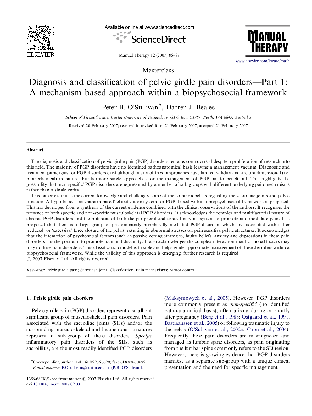 Diagnosis and classification of pelvic girdle pain disorders—Part 1: A mechanism based approach within a biopsychosocial framework